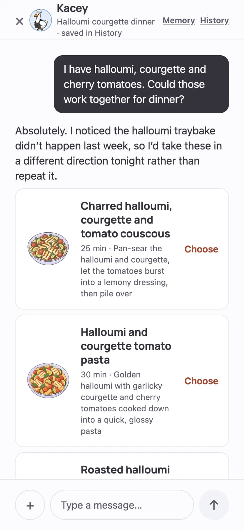 A real Kacey conversation: the user asks about halloumi, courgette and cherry tomatoes, and Kacey suggests couscous, pasta and vegetable pittas.